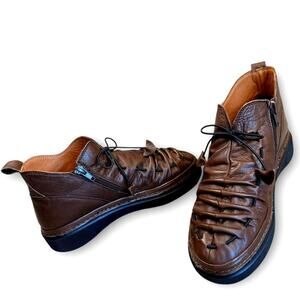 Lemon N Lime Women Brown Leather Flat Ankle Bootie US 7 EU 37 Ruched Laced Up